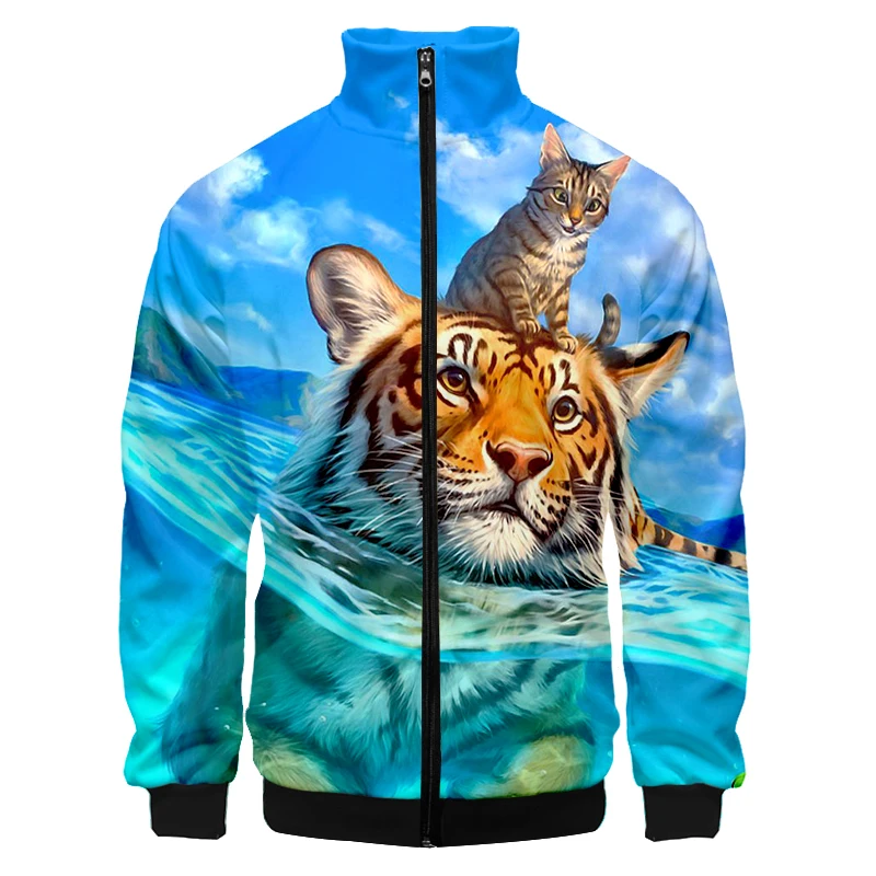 

LCFA Man New Slim Zip Jacket 3D Printed Tiger Cat Windbreaker Casual Big Size Garment Unisex Autumn Coat Masculine Jacket