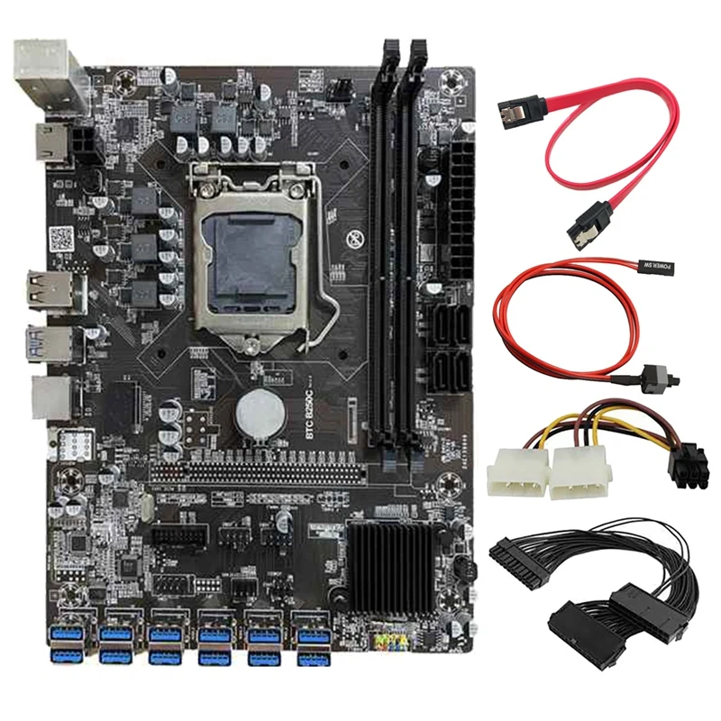 

B250C BTC Mining Motherboard with Graphics Power Cable+24Pin Power Cable+Switch Cable 12 USB3.0 Slot LGA1151 DDR4 RAM