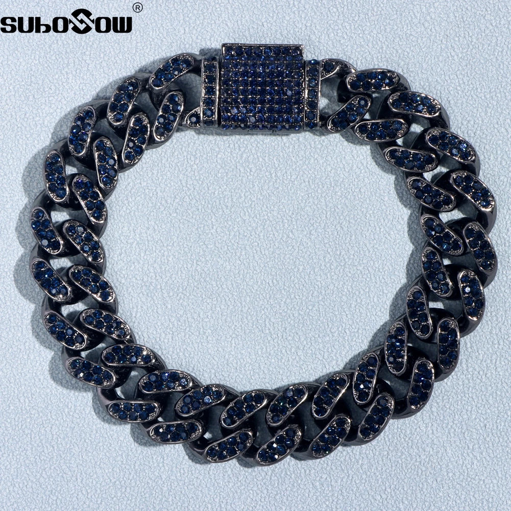 

Браслет-цепочка Мужской Женский, в стиле хип-хоп, с голубыми кристаллами и черными кубинскими звездами, яркие украшения