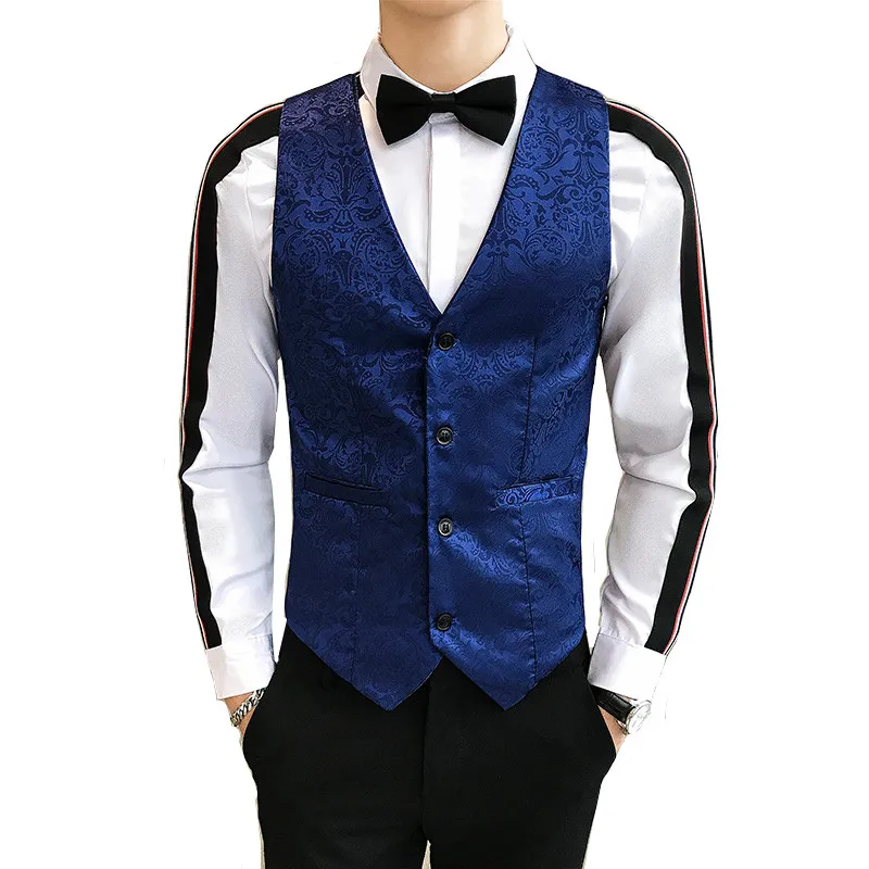 

New Men's Slim Fit Short Vest Nightclub Bar Sleeveless Jacket Fashion Jacquard V Neck Luxury British Clothing Men's Waistcoat