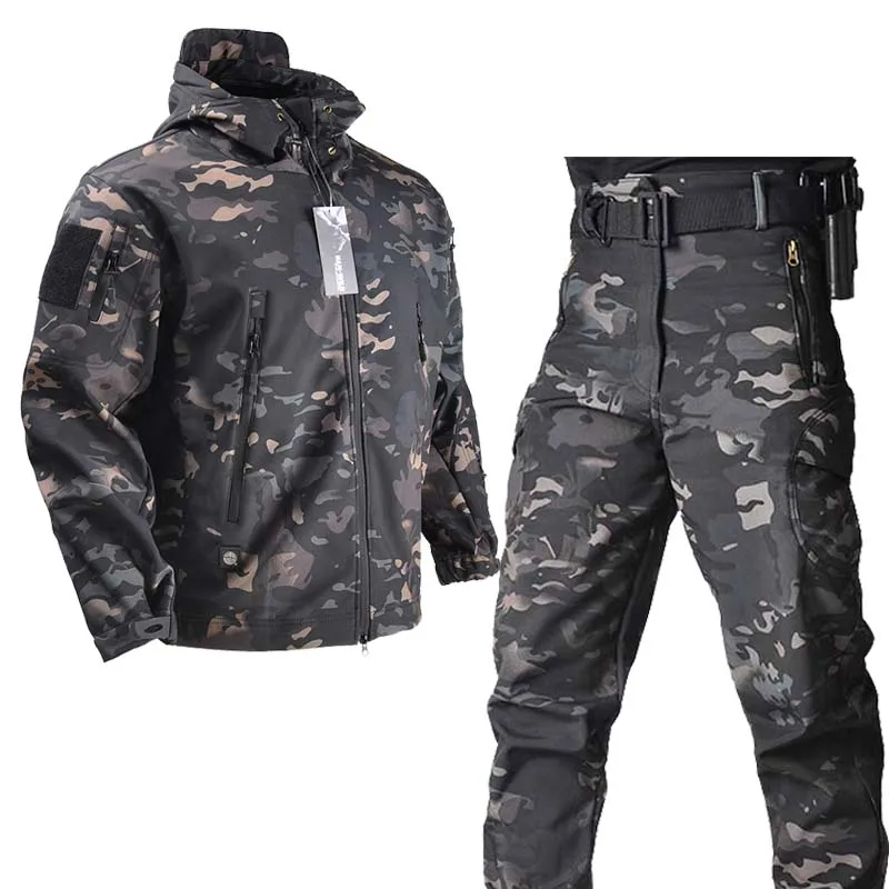 Military Jacket Soft Shell Trainning Combat Uniform Safari Men Tactical Windproof Jackets+Pant Outdoor Fleece Army Hunting Suit
