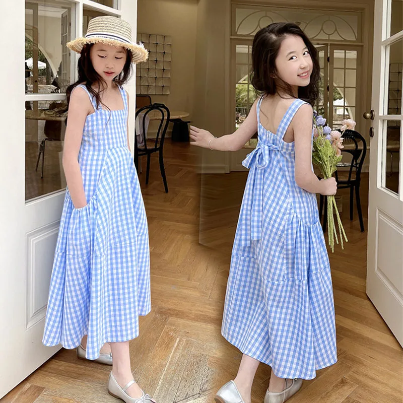 

Teenager Girls Midi Long Princess Cotton Dress Children Girl Fashion Summer Dresses With Pockets Blue Plaid Sundress Clothes