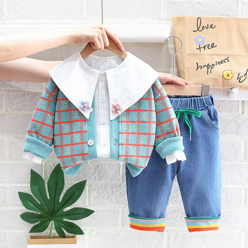 

Fashion Girls Clothes Sets White Long Sleeve Shirt +Plaid Jacket +Jeans 3PCS Suits Spring Autumn Kids Baby Outfits