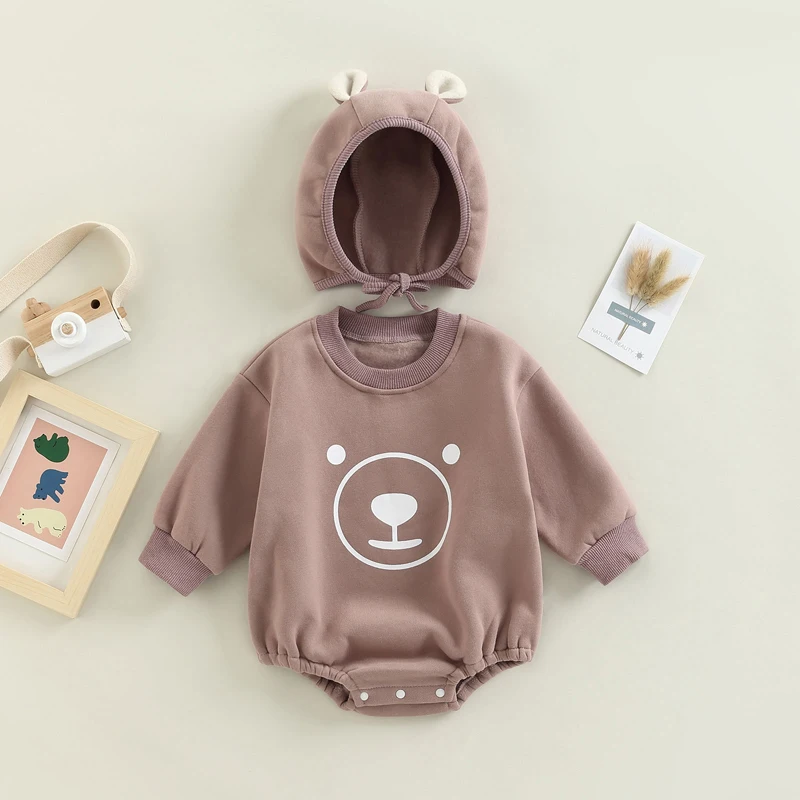 3-18M Baby Boys Girl Lovely Fleece Romper Infant Long Sleeve Round Neck Cartoon Bear Print Loose Crotch Button Romper + Hat Set