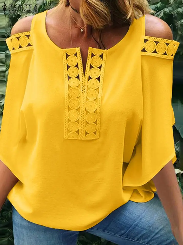 

Women 2023 Summer Blouses ZANZEA Fashion Lace Trim Cold Shoulder Blusas Casual 3/4 Sleeve O-neck Shirts Holiday Solid Color Tops