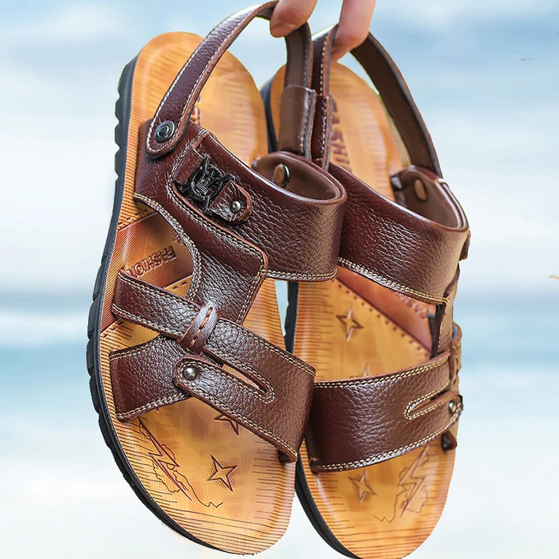 SALUDAS Casual Sandals Men Summer Leather Luxury Sandals Anti Slip Breathable Leather Handmade Beach Men's Slippers