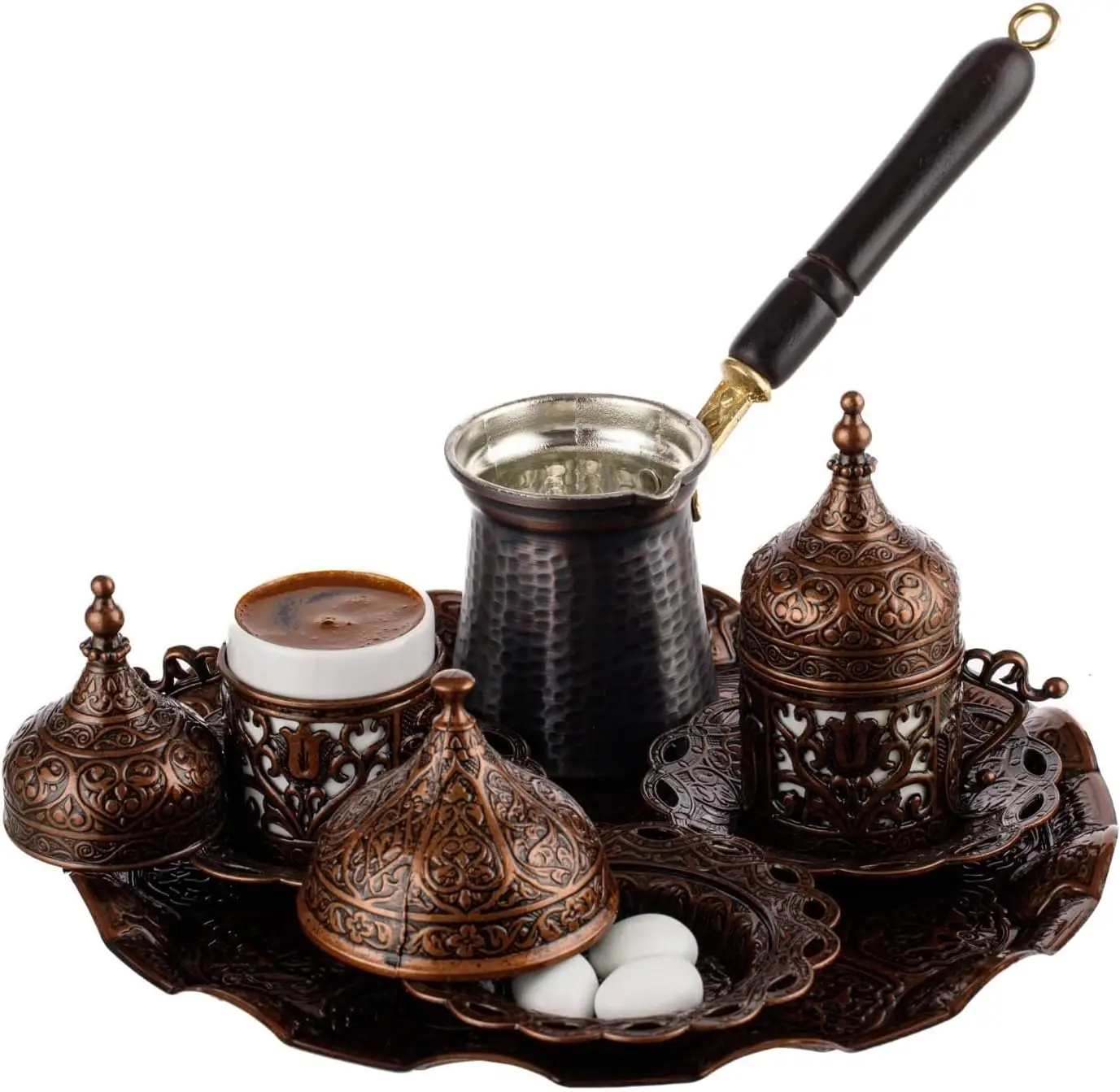 

Turkish Greek Arabic Coffee Full Set with Cups Saucers Lids Sugar Bowl Tray and Copper Coffee Pot, 12 Pcs Espresso machinne acce