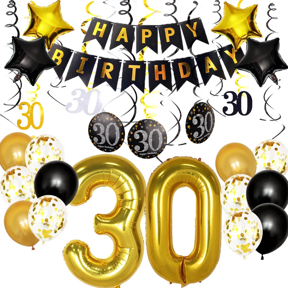 

Black Gold Birthday Decorations for Men Women 18, 30, 40 Years Old Birthday Party Supplies with Confetti Balloons Hanging Swirls