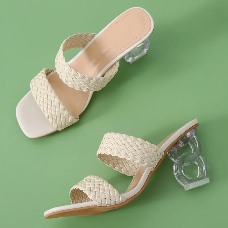 

Summer New High Heel Women Sandals Plus Size Solid Color Women Slippers 2022 Fashion Open Toe Sandals Square Toe Chunky Heel
