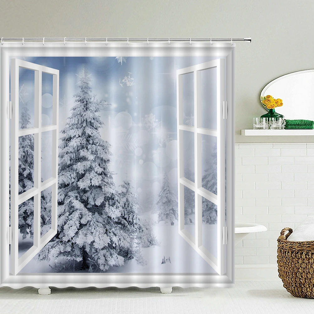 

3d Print Shower Curtains Snow Scene Outside the Window Bath Curtain Waterproof Fabric Christmas Tree Bathroom Curtain with Hooks
