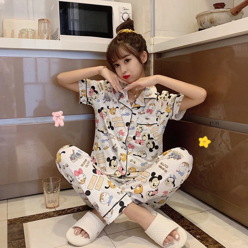 

Kawaii Микки Маус Винни аниме мультфильм летняя одежда для сна для девочек отложной воротник брюки с коротким рукавом Повседневный пижамный к...