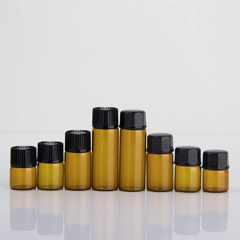 500pcs/Lot 1 2 3 5ml Mini Empty Essential Oil Bottle In Refillable Drams Brown Amber Glass Bottle With Plastic Lid Insert