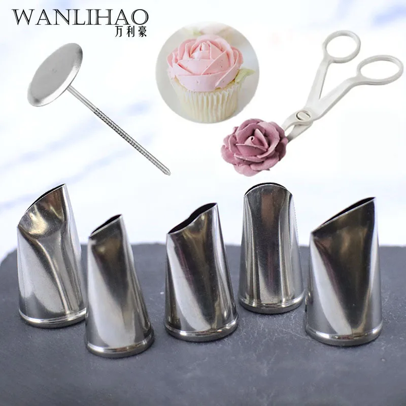 

Piping 7Pcs/Set Flower Scissor+Cake Tray +5Branch Tulips Rose Nozzle Nail Decor Lifter Fondant Cream Baking Decorating Pastry
