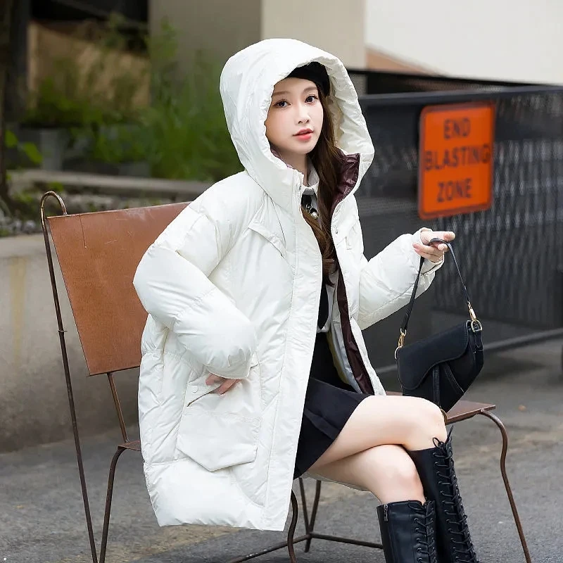 Winter Korean Version of The Fashion Down Jacket Womens Loose and Thin Warm Mid-length Down Cotton Jacket Women's hooded jacket