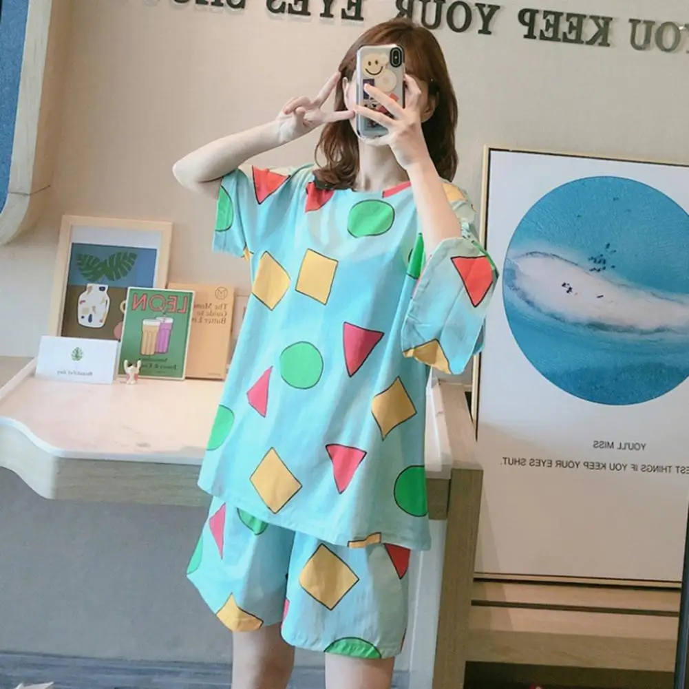 

2Pcs/Set Pajamas Short Sleeve Sleepwear Ladies Loose Casual Pajamas Suit