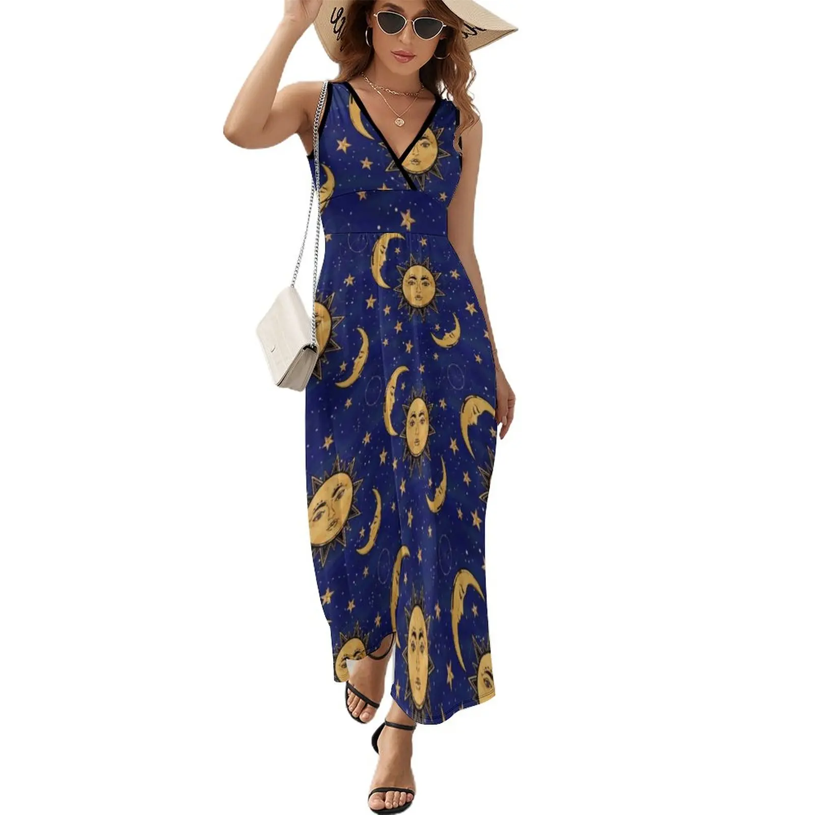 

Funny Moon Dress Summer Vintage Sun Stars Celestial Streetwear Boho Beach Long Dresses Ladies High Waist Night Club Maxi Dress