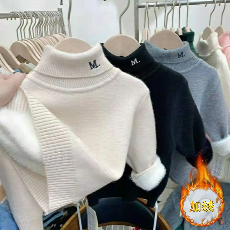 

Boys' and girls' turtleneck sweaters with fleece and thick solid colour hoodie baby's one fleece bottom sweater