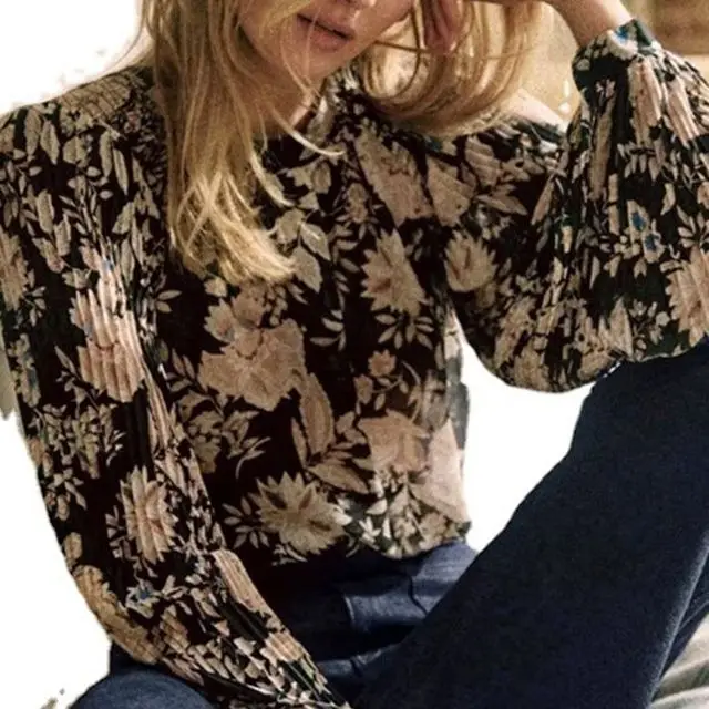 

Women Blouse Printed Pleated Slim Fit Puff Sleeve Shirt Vintage