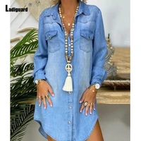 women latest casual knee length denim dress irregular clothes 2022 stand pocket demin dresses lepal collar jean dress robe femme