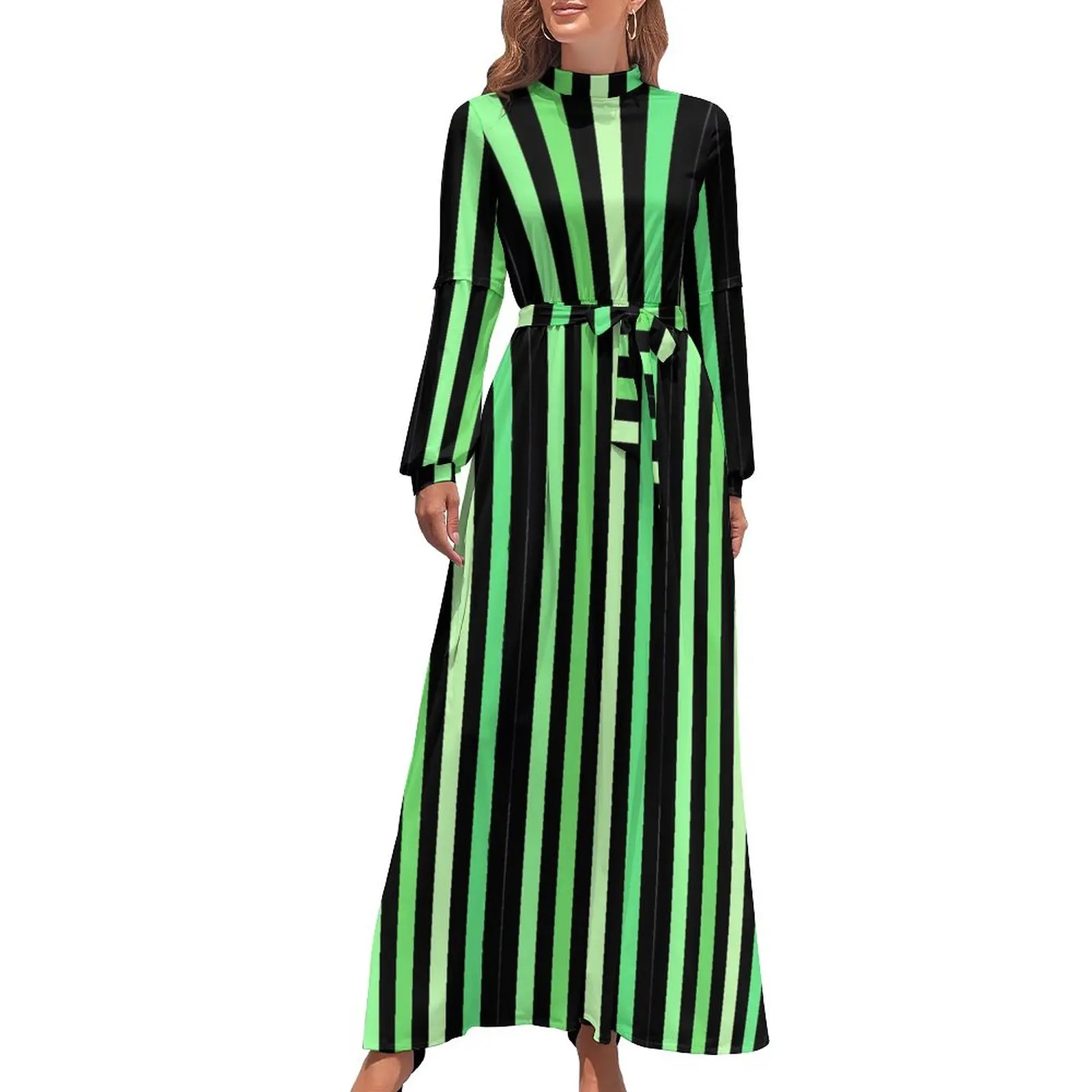 

Платье-макси в зеленую полоску с длинным рукавом и высокой талией