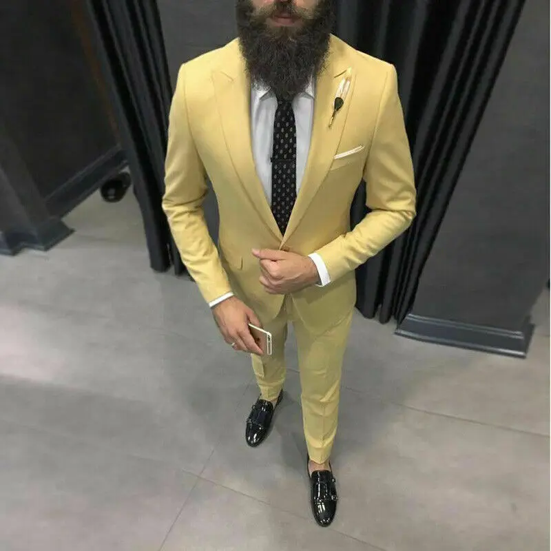Men Yellow Suit 2022  Peak Lapel One Button Groom Tuxedo Slim Fit Casual Party Suits Custom Made 2 Pieces Blazer Costume Homme