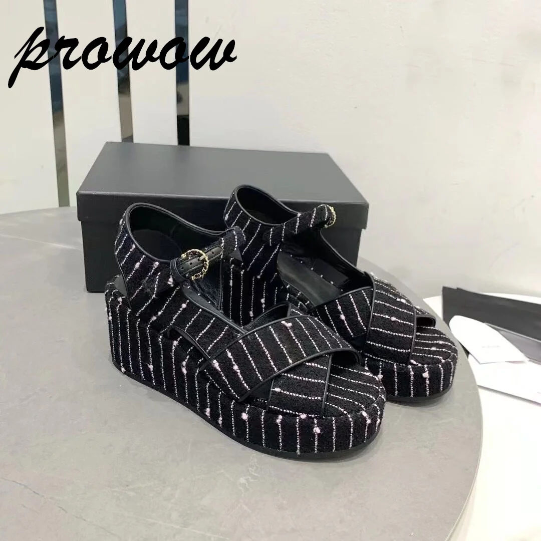 Prowow New Genuine Leather Open Toe Buckle Strap Wedges Sandals Black Beige Summer Sanals Heels Platform Shoes Women