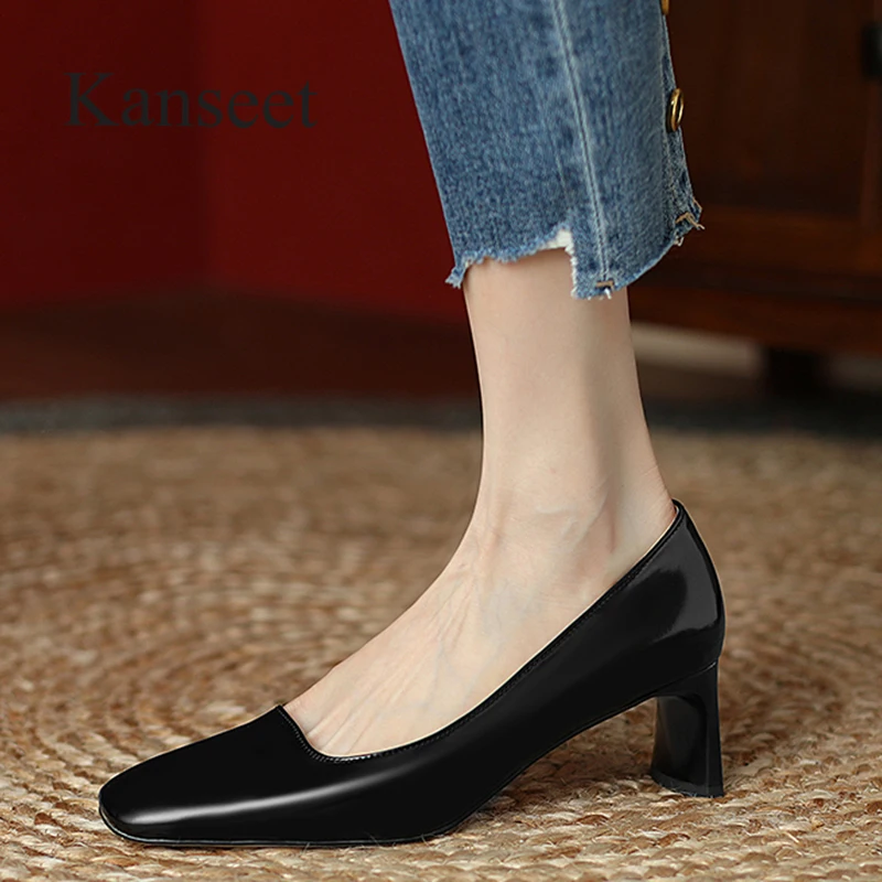 

Kanseet New Women's Pumps 2022 Spring Concise Square Toe Cow Patent Leather Handmade 5.5cm High Heels Office Ladies Shoes Black