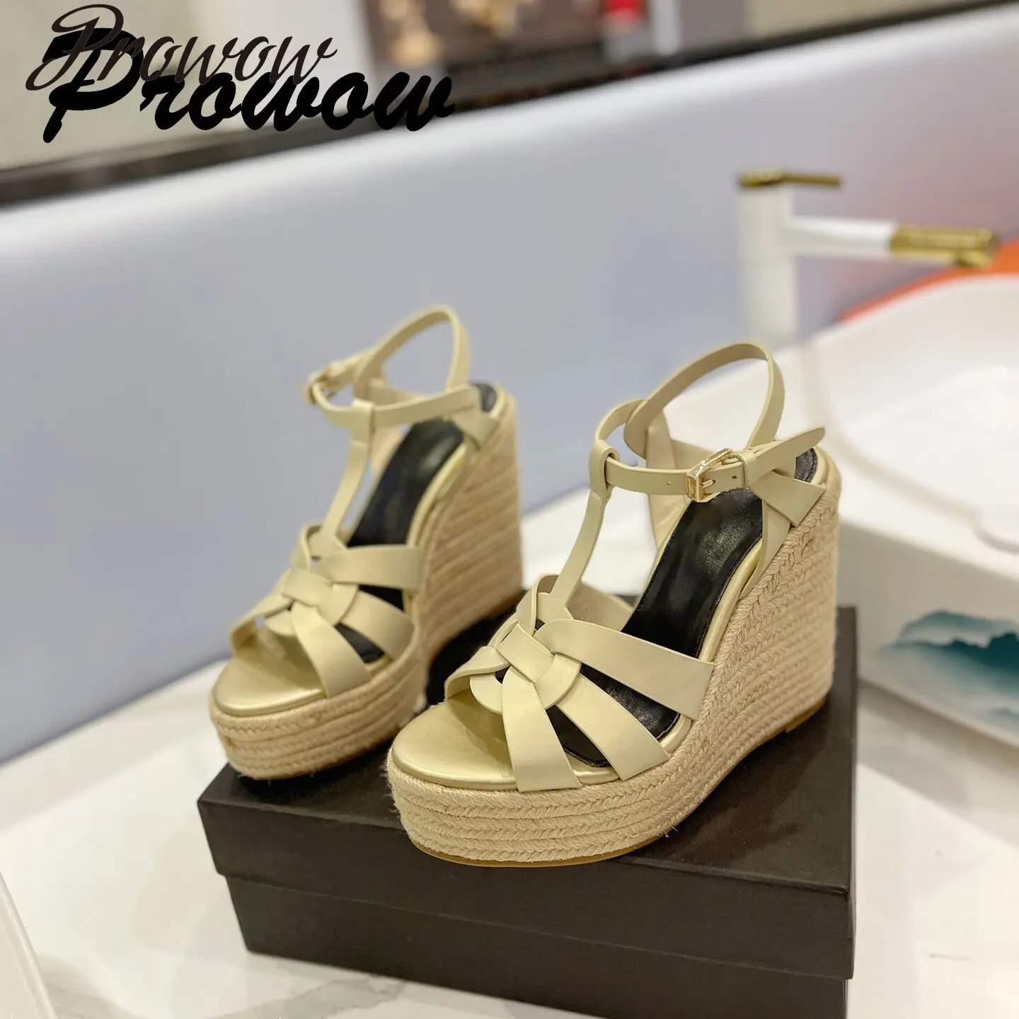 

Prowow New Genuine Leather Luxury Brand Wedges Open Toe Ankle Strap Platform Summer Sandals Shoes Women