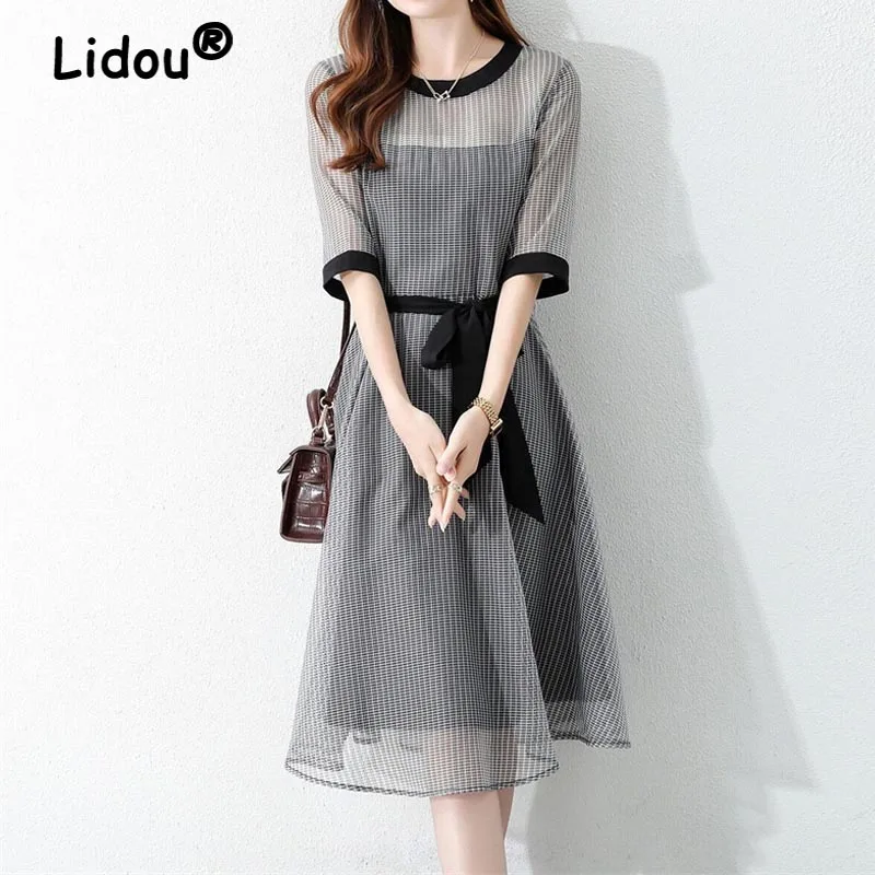 

Vintage Print Patchwork O Neck Short Sleeve Elegant Temperament Dresses for Women 2022 Summer Casual Loose 4XL Midi Dress Female
