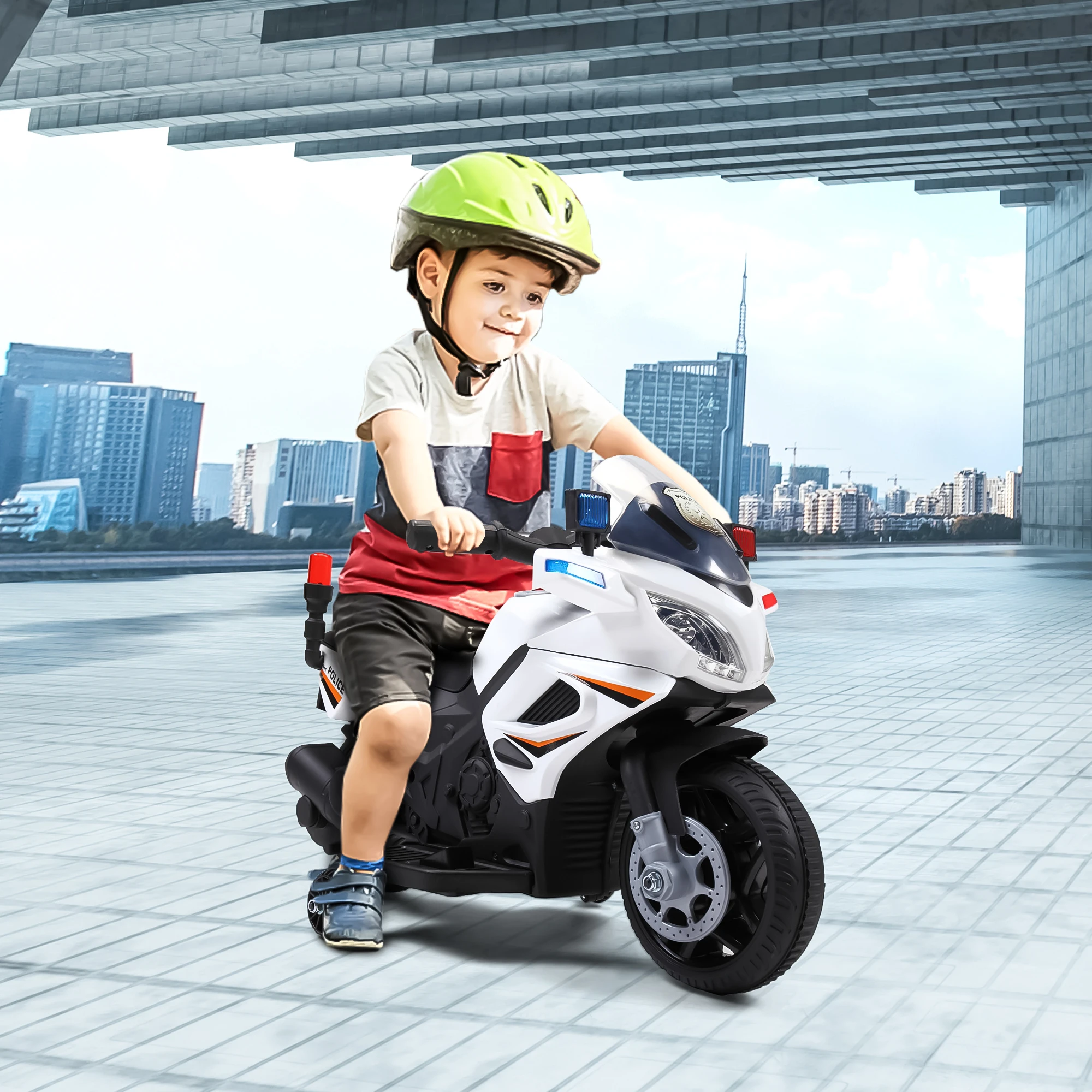 

6V Kids Ride On Motorcycle with Headlights, Battery-Powered 3-Wheel Bicycle - White