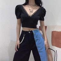 sexy v neck short sleeve crop top backless hollow out patchwork lace up black t shirt skinny elastic slim summer womens clothes