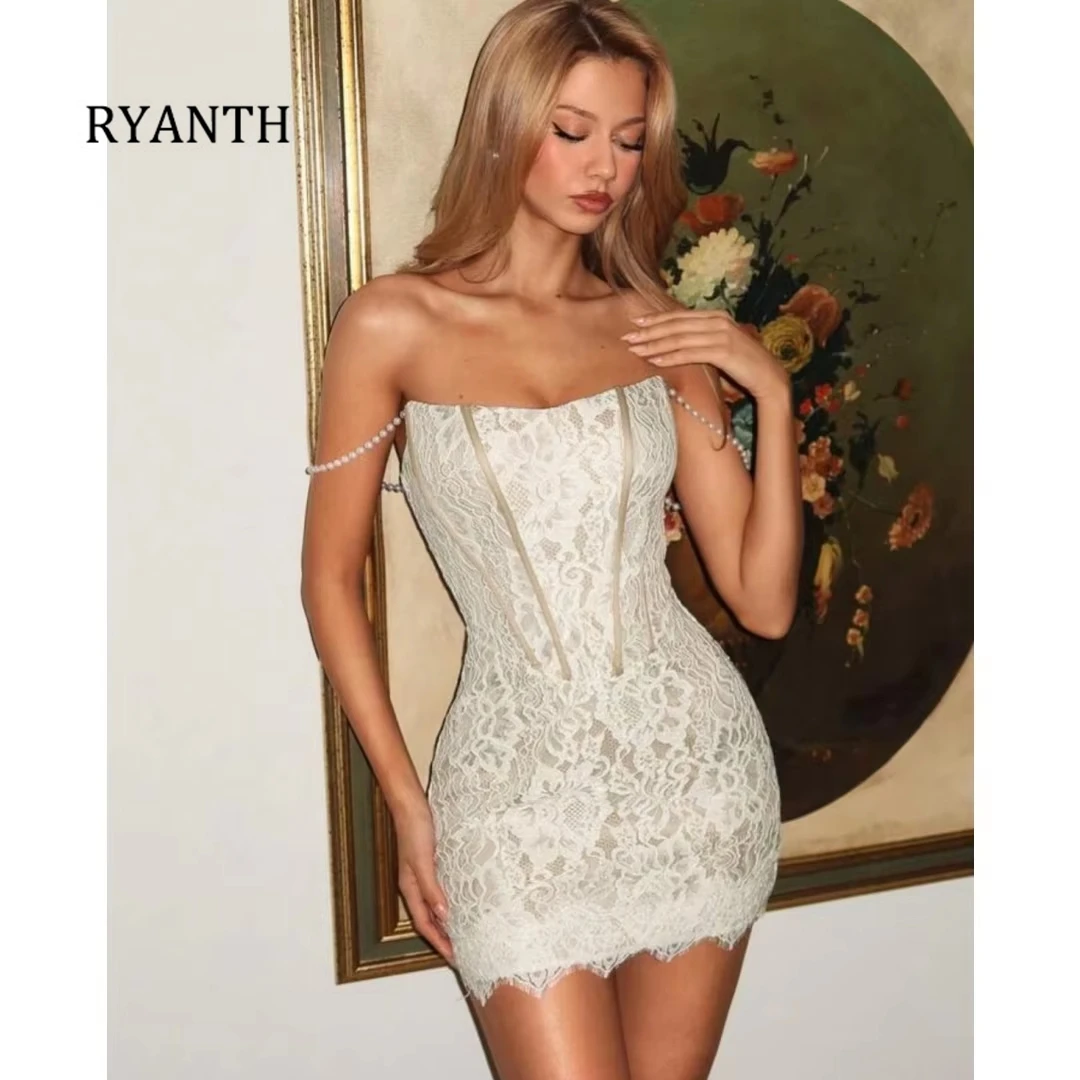 Фото Свадебное платье RYANTH с открытыми плечами, жемчужное, вечернее, новое, мини-платье-футляр для невесты, с кружевной вышивкой, на заказ №2