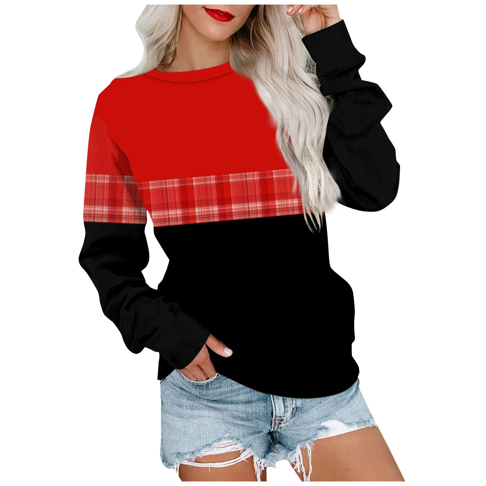 

Футболка женская с длинным рукавом, элегантный клетчатый пуловер с геометрическим принтом и круглым вырезом, Удобный Повседневный Топ в стиле пэчворк, Осень-зима