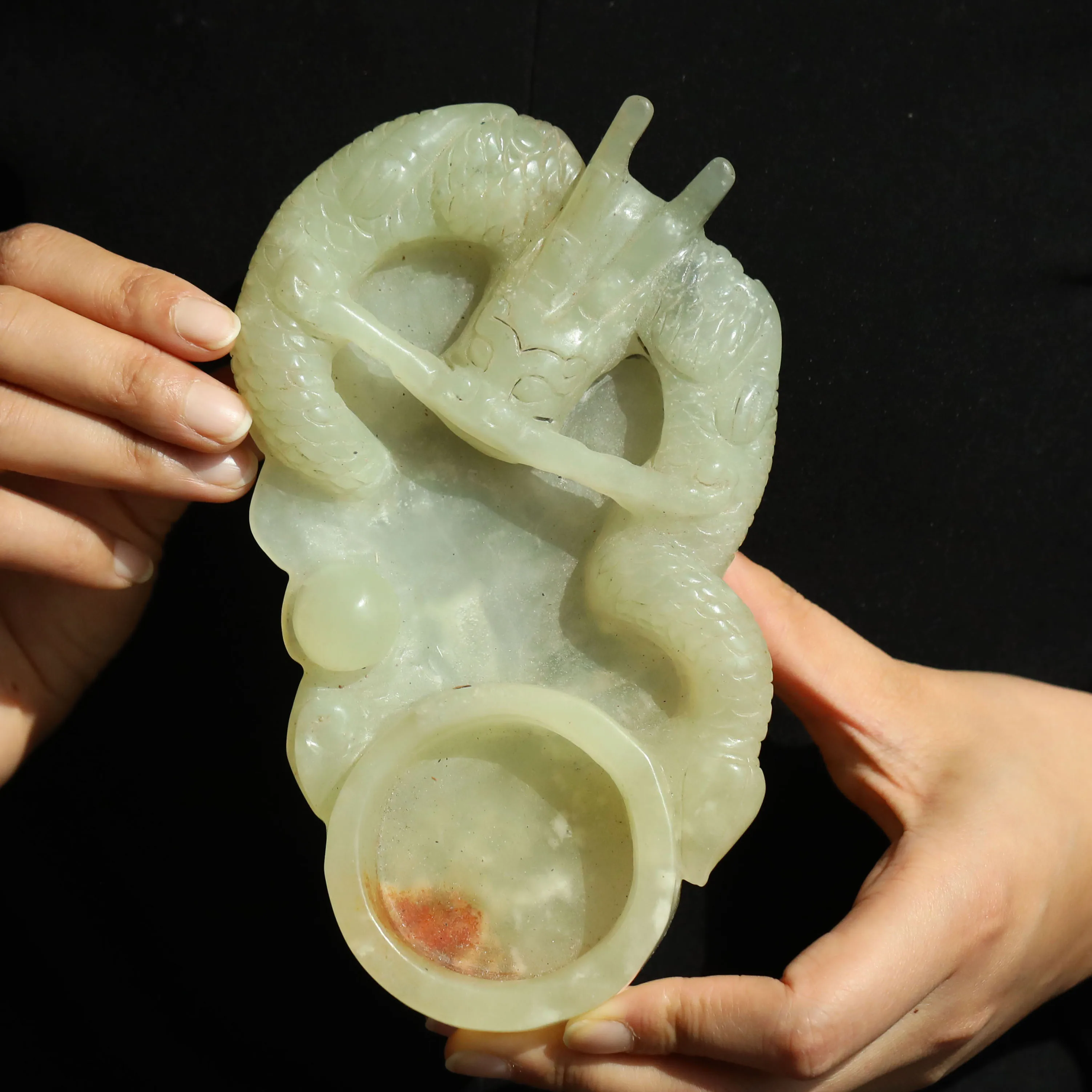 

Old China Natural Jade Hand Carved statue of dragon writing brush washer #49
