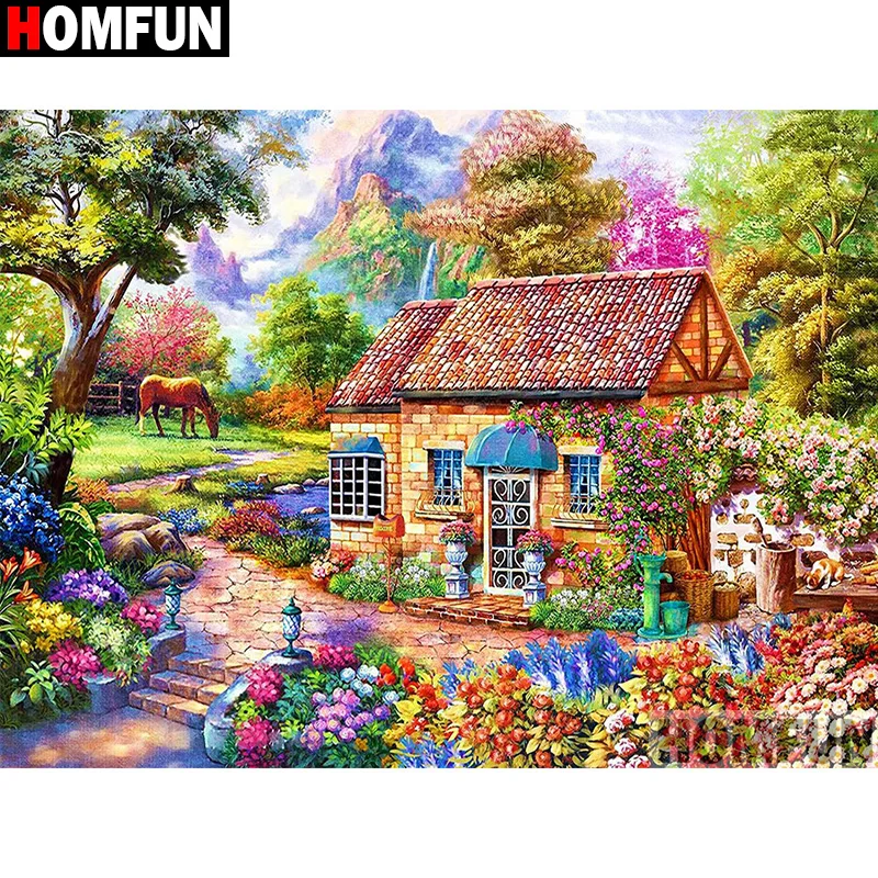 

Алмазная живопись HOMFUN «Пейзаж, дом, цветок», «сделай сам», 5D алмазная вышивка, распродажа, полный набор стразы, вышивка крестиком, домашний декор