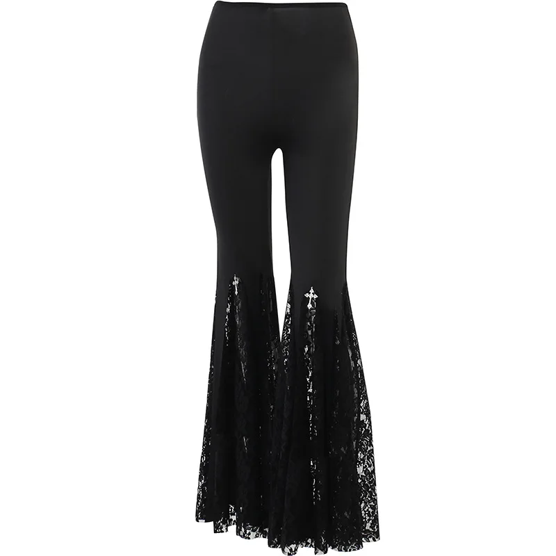 

Женские кружевные брюки составного кроя, черные винтажные брюки с высокой талией, в стиле хиппи, панк, гранж, Y2k