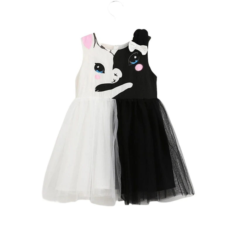 Летнее черно-белое лоскутное платье Jlong с котом для маленьких девочек