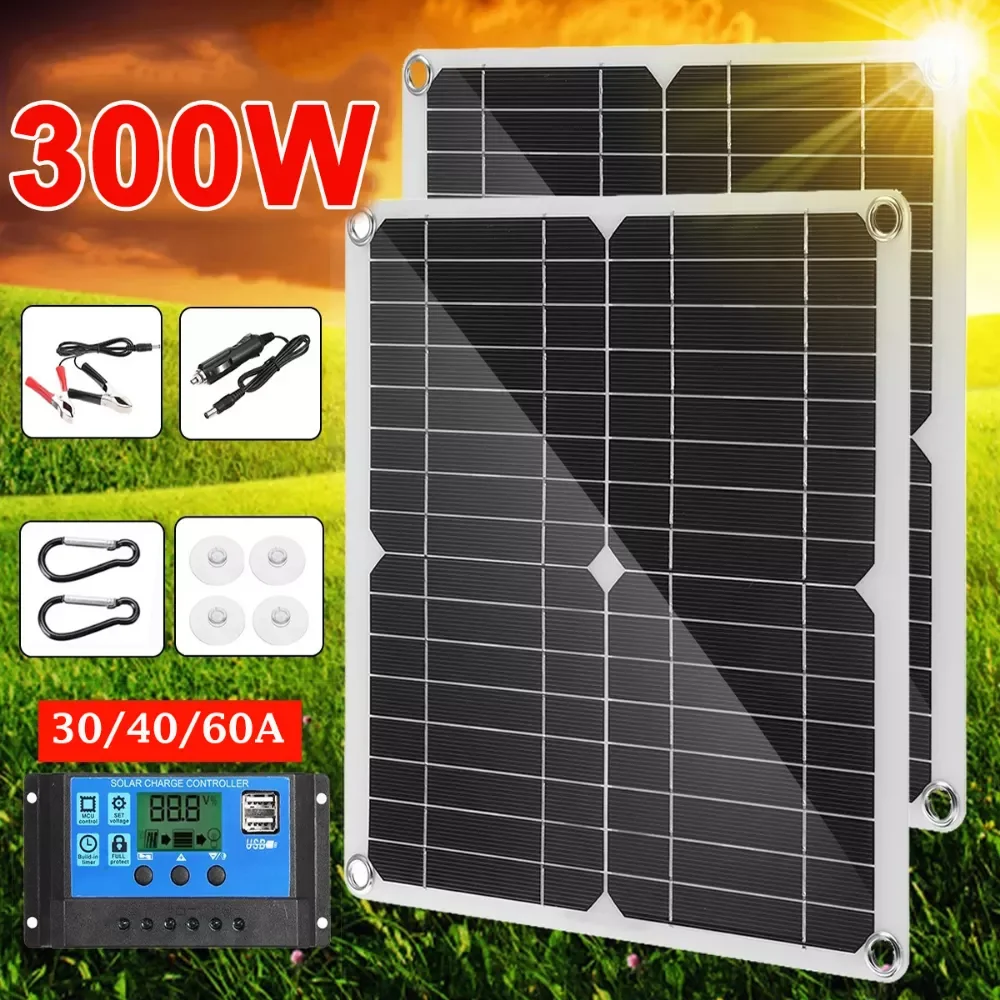 

2023New 300W Solar Panel Kit Complete Dual 18V USB 60A Controller Portable Solar Generator for Mobile Power Watch Phone Battery
