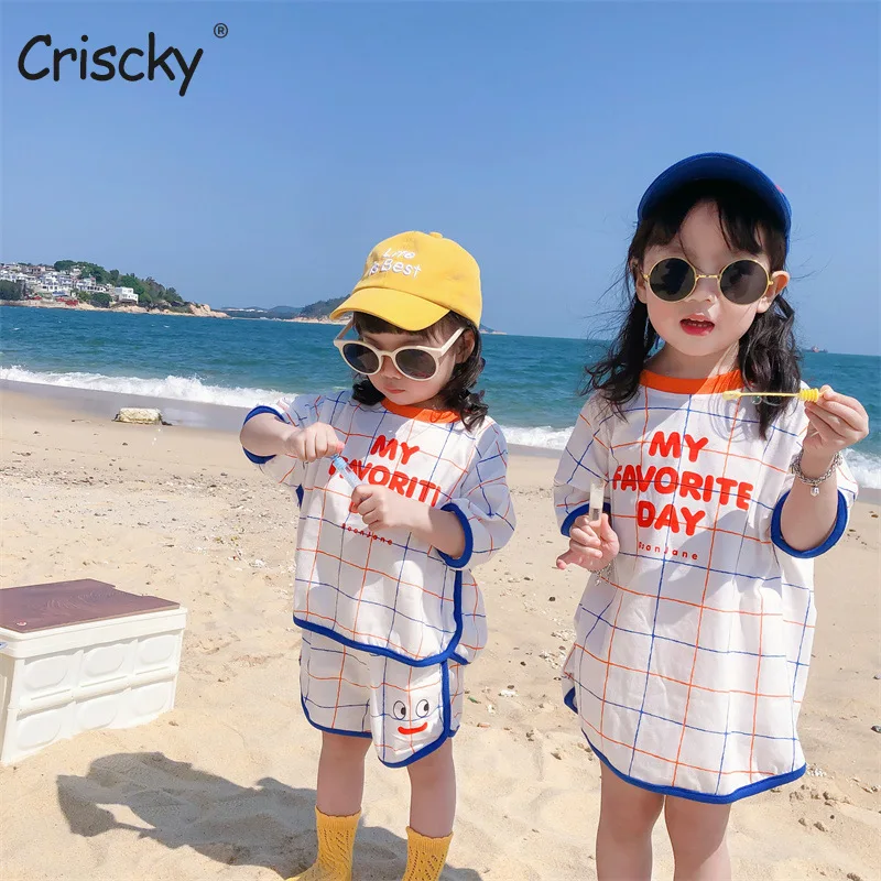 

Criscky Summer New Cotton Baby Clothes Set Boys And Girl Plaid Letter Print Tops + Shorts 2pcs Kids Children Clothing Suit