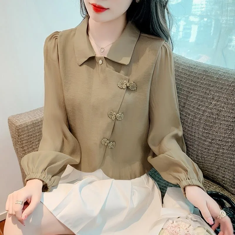 Женский Повседневный однотонный топ с длинным рукавом на пуговицах ZZ1610