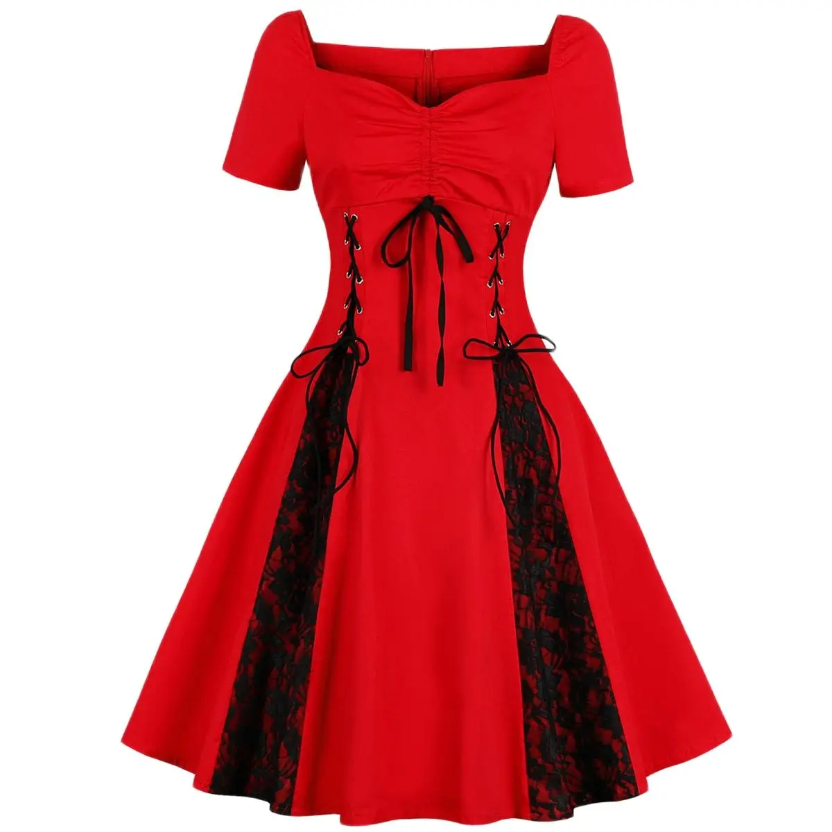 

Red Black Patchwork Gothic Punk Steampunk Women Dress Lace Up Retro Vintage Swing Cotton Streetwear 50S 60S Rockabilly Dresses