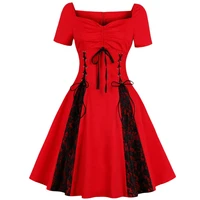 red black patchwork gothic punk steampunk women dress lace up retro vintage swing cotton streetwear 50s 60s rockabilly dresses