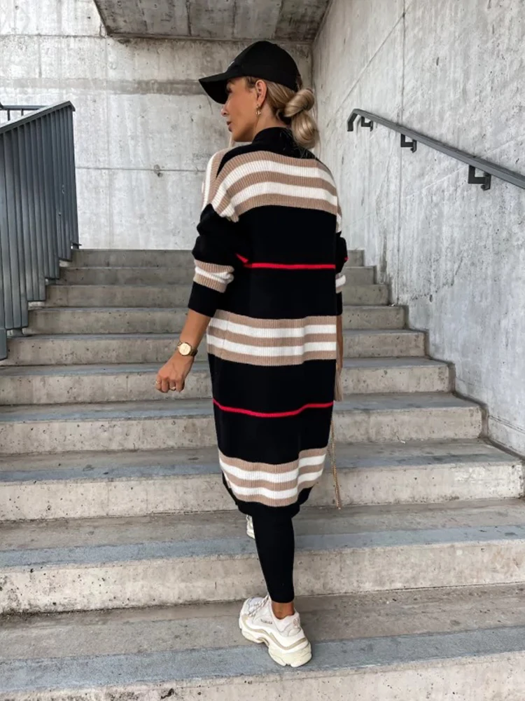 Plus Size 2022 Autumn And Winter Coat Long Cardigan Casual Striped Knitted Sweater Jackets For Women Coats Female Clothing