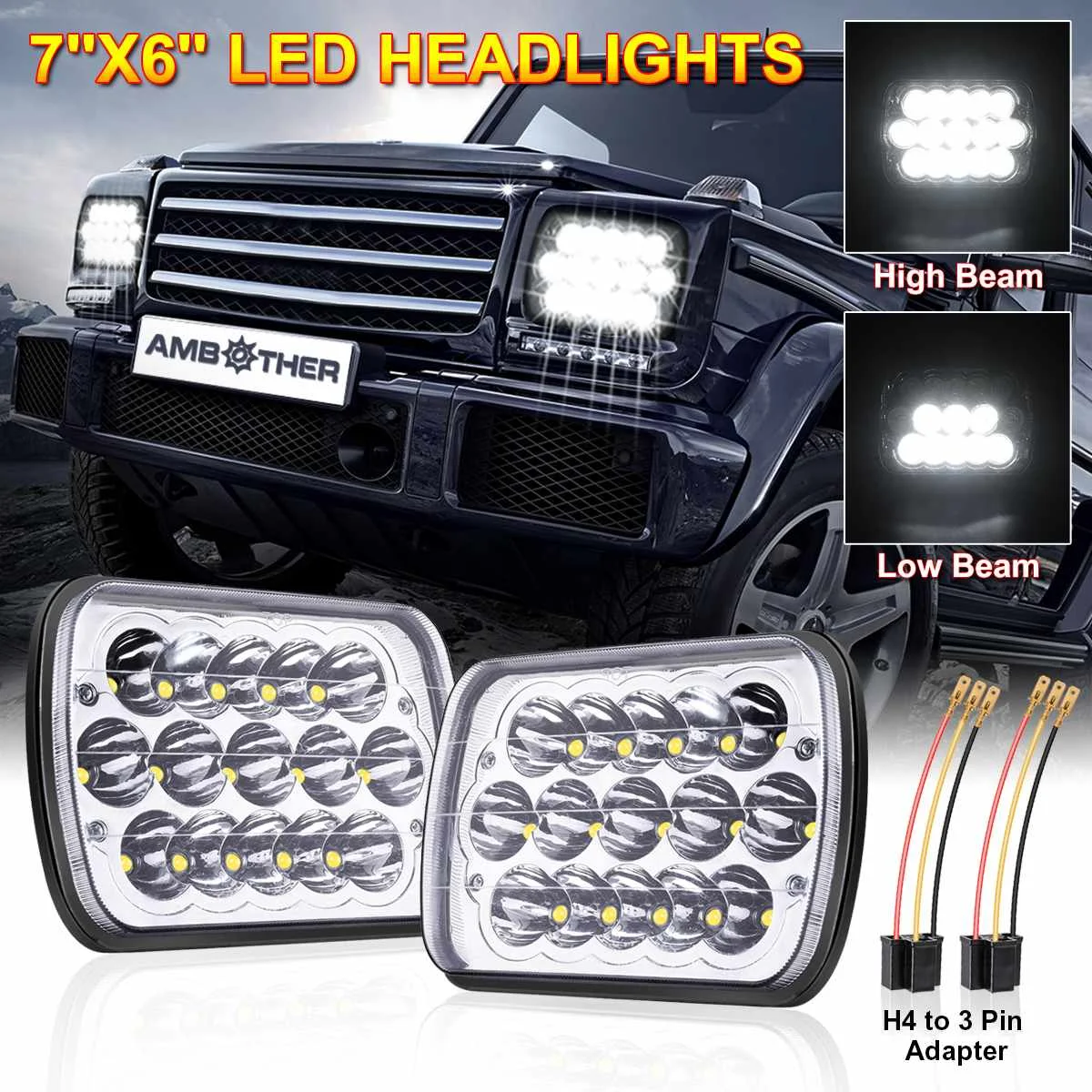 

Led Headlights 5x7 7x6 5000K-6000K White 15 Leds Headlight IP67 Waterproof High Low Led Sealed Beam For Jeep For Wrangler