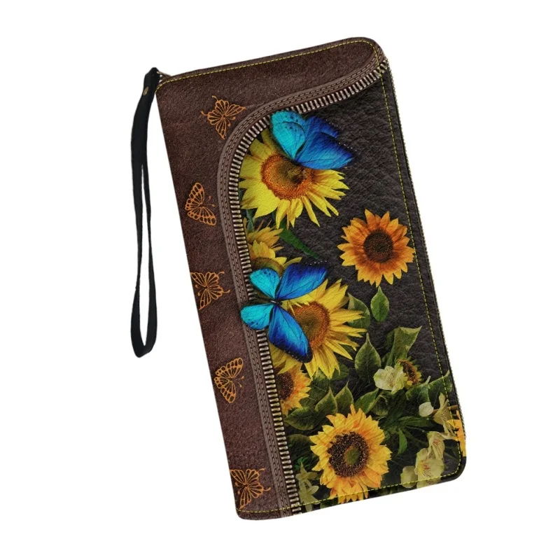 Belidome Butterfly Sunflower Women Cute Wallets Travel Wristlet PU Leather Zip Around Long Purse Credit Card Holder Clutch Bag