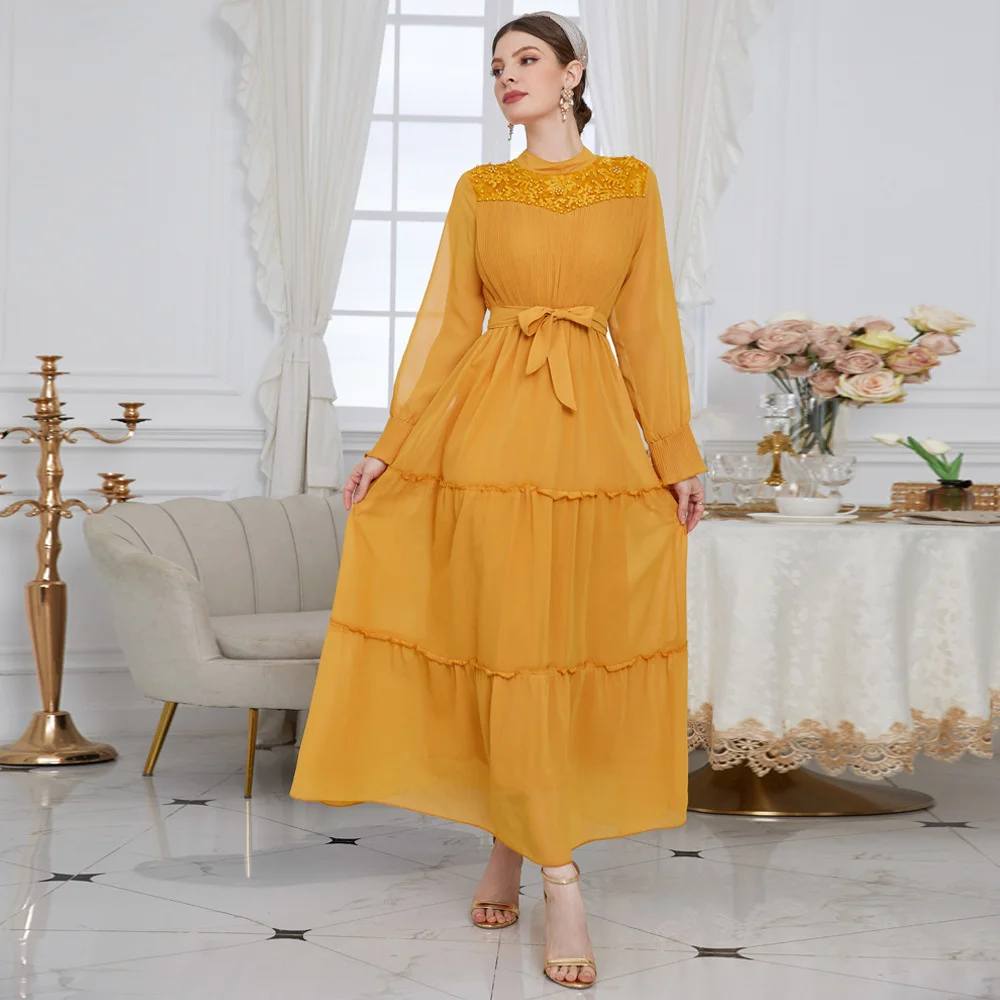 

Женское шифоновое платье с длинным рукавом, длинное плиссированное платье с бисером и кружевом