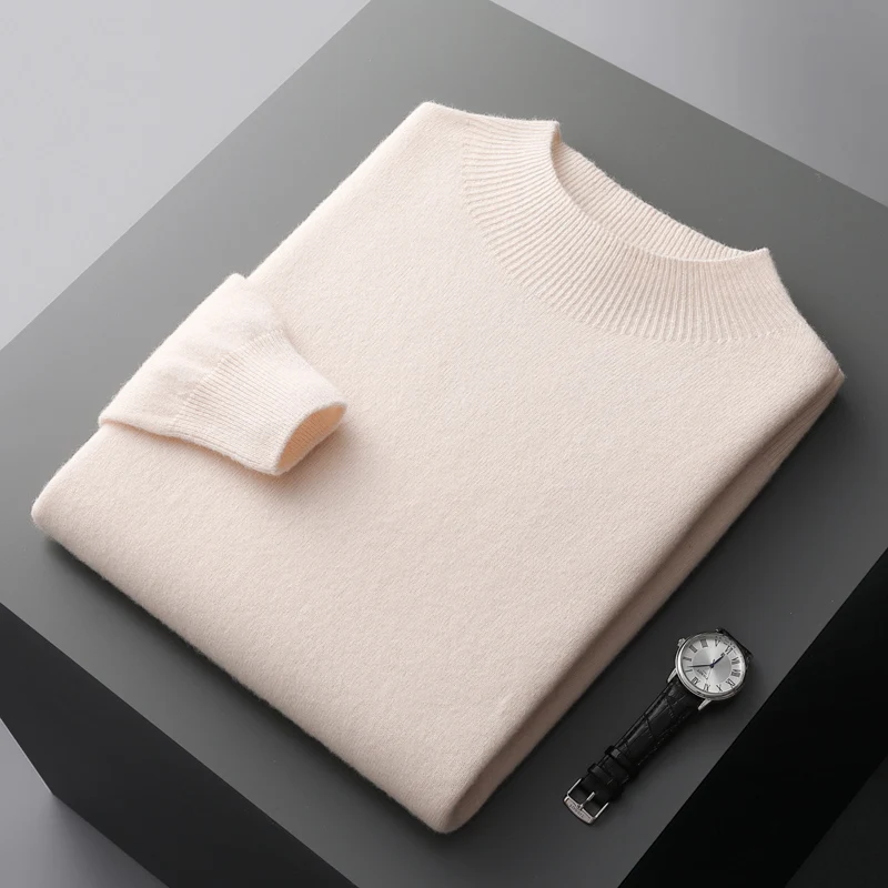 Autumn And Winter 100% Wool First-Line Ready-To-Wear Semi-High Collar Men's Cashmere Sweater Pullover Long Sleeve BottomingShirt