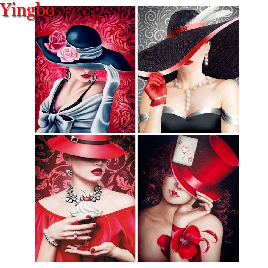 

Полностью Алмазная искусство, 5d картина из страз своими руками, женская шляпа, наборы для вышивки крестиком, хобби, домашний декор, подарок