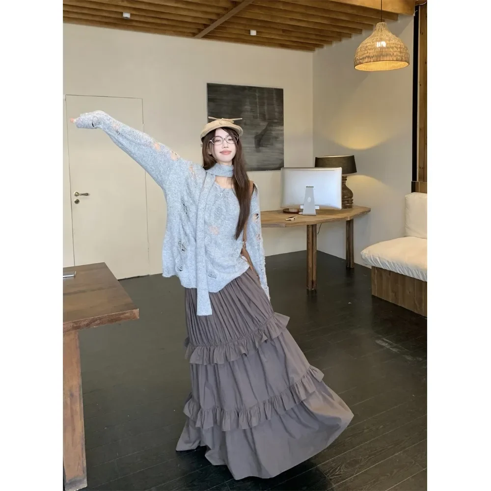 Модный вязаный топ с длинными рукавами и длинной юбкой женская осенняя