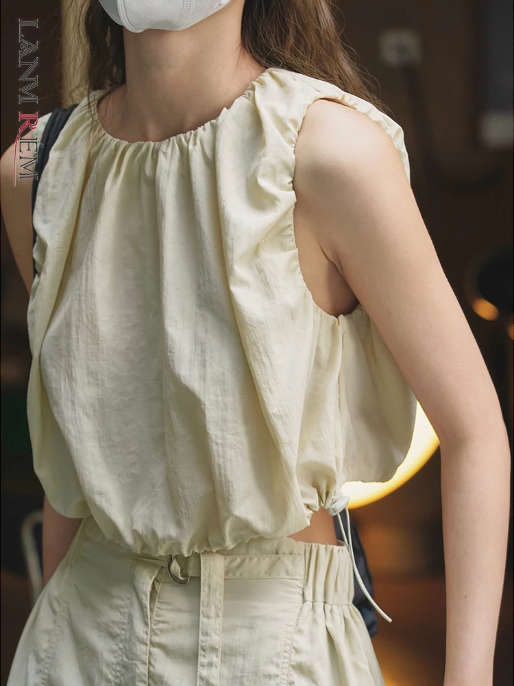 

LANMREM Korean Fashion T-shirt For Women Round Neck Sleeveless Designer Drawstring Tops Female Clothing 2023 Summer New 2YA3410